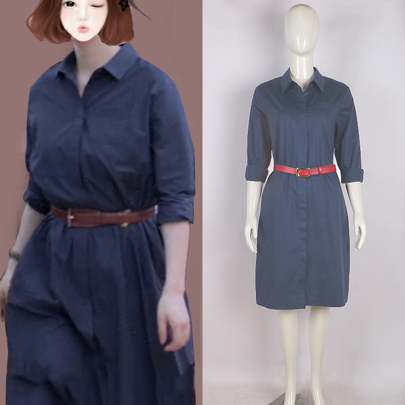 忌平庸女装如果岁月可回头蒋欣江小美同款衣服藏蓝连衣裙女长袖工装衬衫裙子JPY带授权招加盟代理