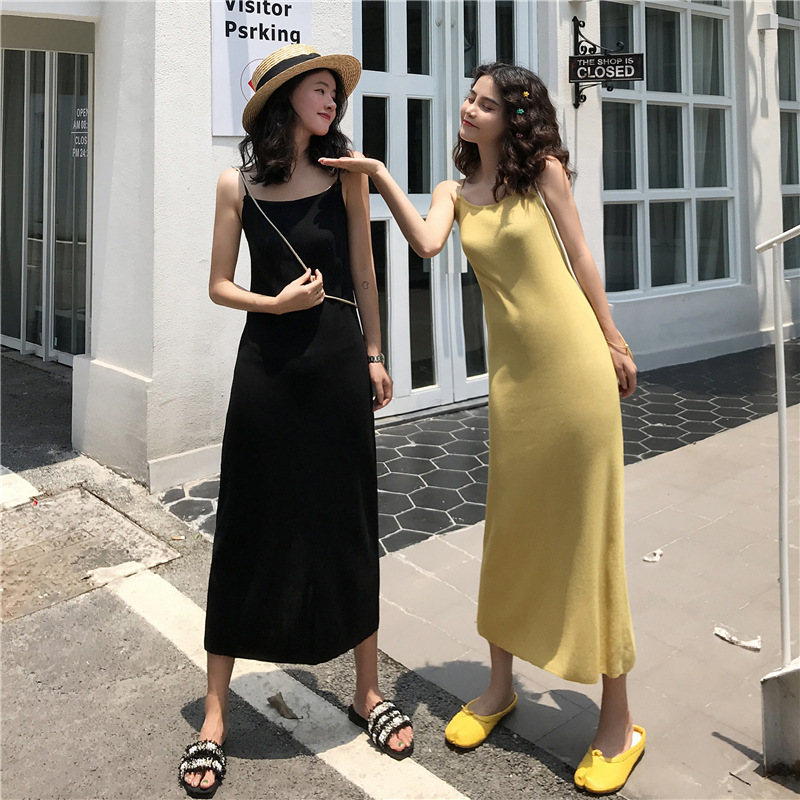 忌平庸女装2020年早秋韩版纯色背心吊带开叉修身针织连衣裙JPY带授权招加盟代理