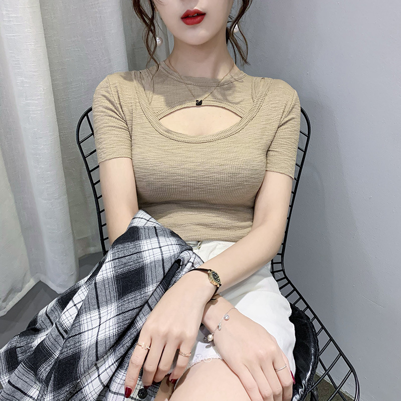 忌平庸女装2020夏季新款网红ins超火紧身性感镂空设计感上衣短袖t恤女JPY带授权招加盟代理