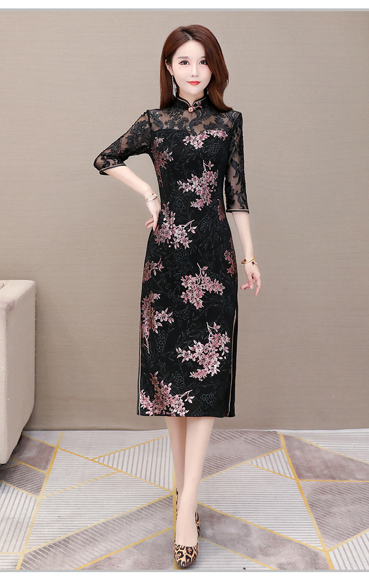 ywejmys20c802印花七分袖改良旗袍裙