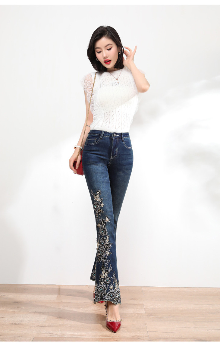 yhfz-3-3326新款时尚气质钉珠绣花微喇牛仔裤【优】