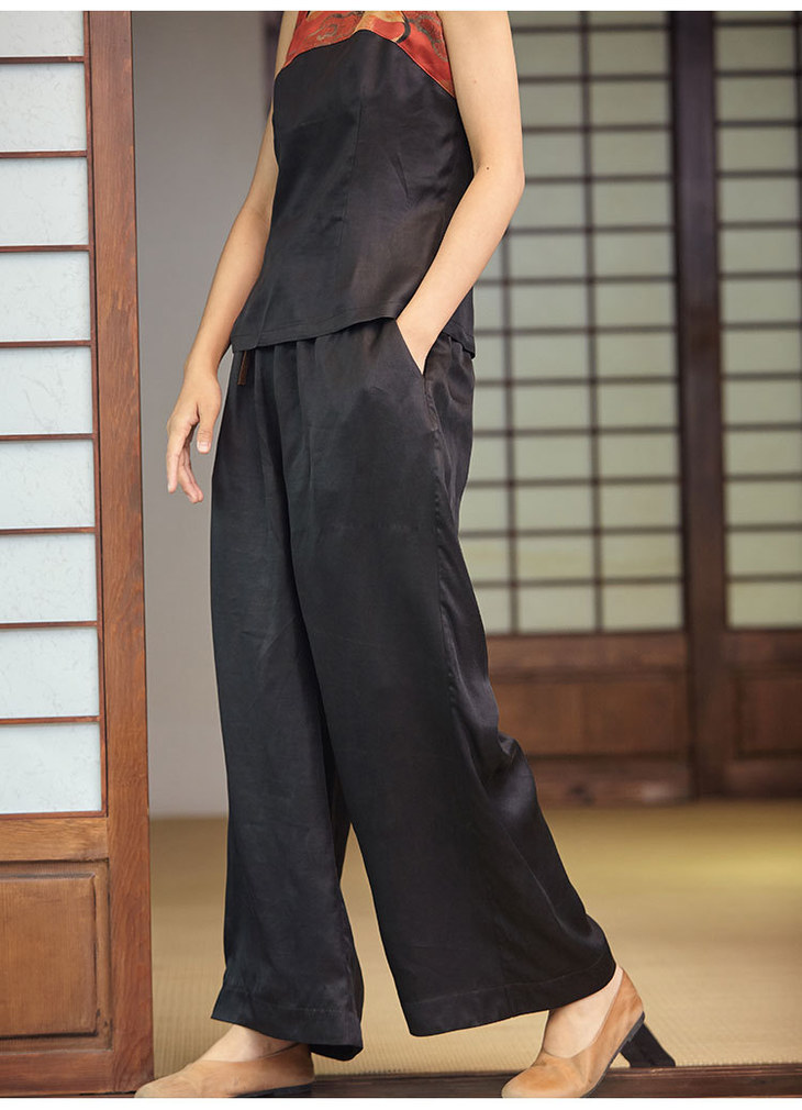 zx19244中式腰头拼接香云纱松紧腰系带阔腿裤