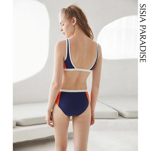 sisia比基尼泳衣女运动小胸聚拢蓝橙撞色时尚分体游泳衣 商品图1