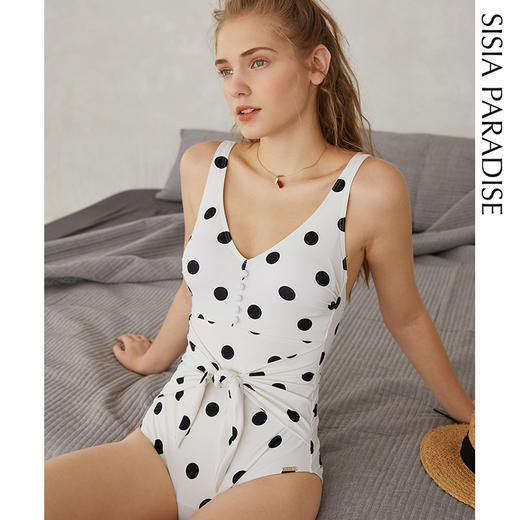 sisia2020新款欧美泳衣女性感白色波点仙女范显瘦遮肚ins连体泳衣 商品图0