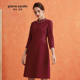 皮尔卡丹女装蕾丝拼接羊毛毛呢红色长袖连衣裙P0318DL03R0
