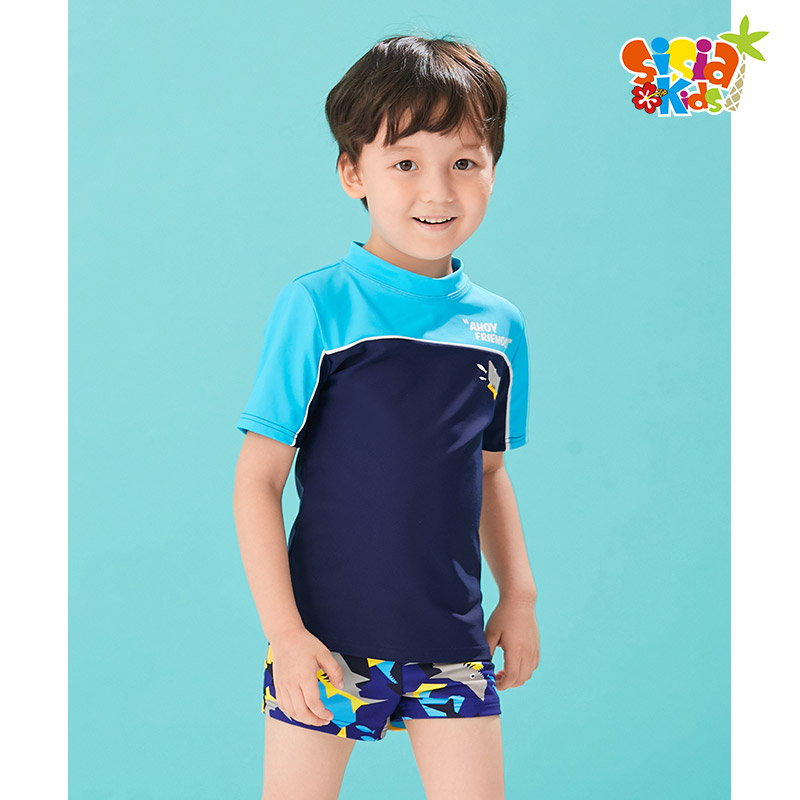 sisia新款儿童泳衣男童卡通鲨鱼短袖防晒衣