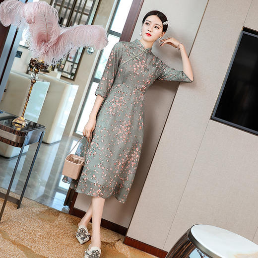 YFN-20193新款复古时尚碎花文艺中国风收腰修身连衣裙 商品图2