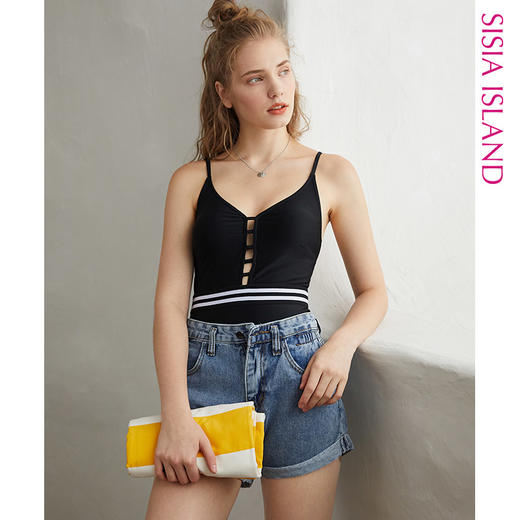 sisia游泳衣女性感聚拢复古黑色2020新款连体泳衣遮肚显瘦仙女范 商品图2