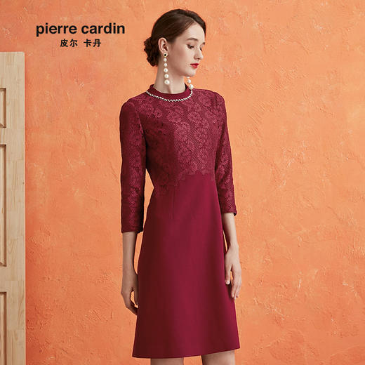 皮尔卡丹女装蕾丝拼接羊毛毛呢红色长袖连衣裙P0318DL03R0
 商品图1