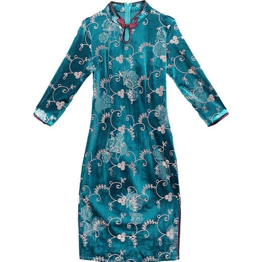 QYM-LFDS-XX20B9203新款时尚优雅气质丝绒印花中长款旗袍裙TZF 商品图4