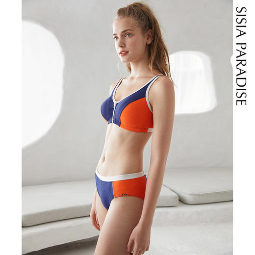 sisia比基尼泳衣女运动小胸聚拢蓝橙撞色时尚分体游泳衣 商品图2