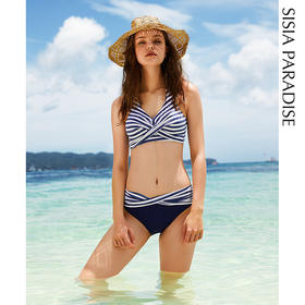 sisia新款性感大胸比基尼条纹海军风小胸聚拢出国游泳衣女三件套