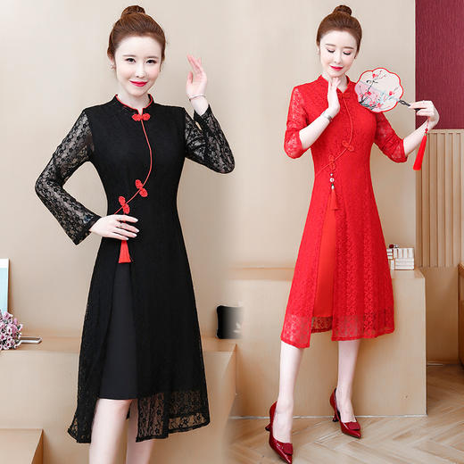 HT5696新款中国风优雅气质修身立领拼接蕾丝连衣裙TZF 商品图0