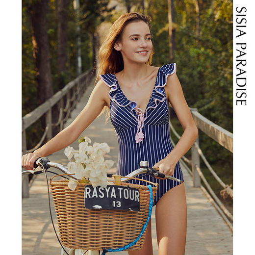 sisia新款韩国ins连体泳衣女遮肚显瘦荷叶边泳装 粉色邂逅SS212W05P6A 商品图0