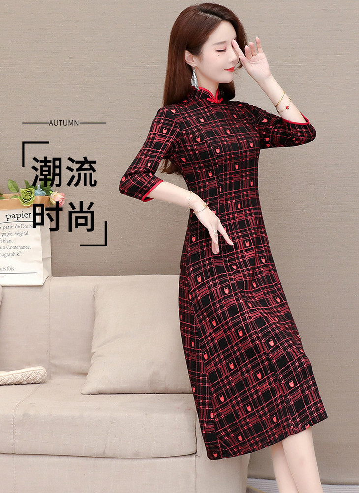ywejmys20c807气质格子大码七分袖改良版旗袍裙优