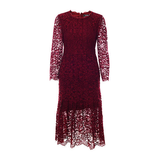 EITIE爱特爱秋季新款洋气优雅圆领蕾丝钩花收腰百褶连衣裙女6007728 商品图7