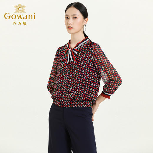 乔万尼秋新款时尚领结V领上衣设计感学院风套头衬衣ES3C533 商品图1