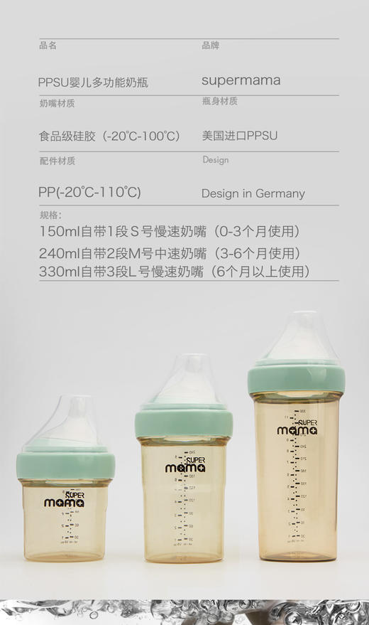 德国supermama婴儿奶瓶ppsu耐摔宽口径宝宝断奶神器新生儿防胀气150ML 商品图2