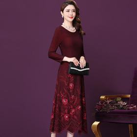 WXY-M1-6567新款优雅气质修身圆领长袖手工刺绣中长款连衣裙