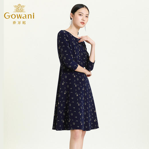 乔万尼新款秋装长袖圆领收腰显瘦气质印花珍珠扣中长款连衣裙ES3E580 商品图2