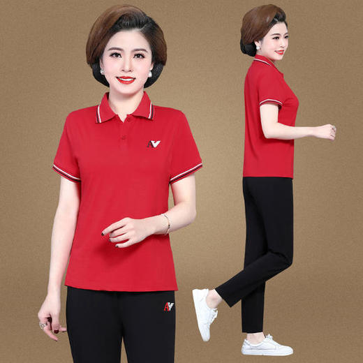 W-685【95棉】新款时尚运动服套装中年短袖休闲两件套 商品图2