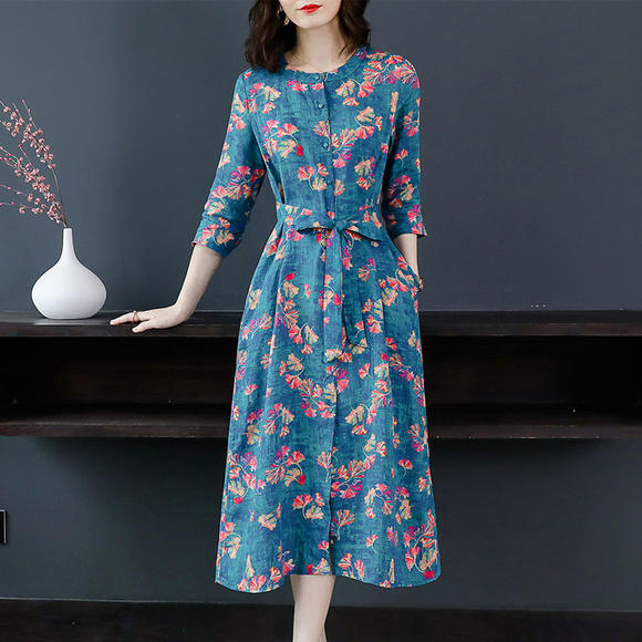 W-874新款棉麻宽松大码女装中长款收腰苎麻碎花显瘦长裙