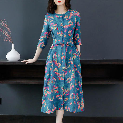 W-874新款棉麻宽松大码女装中长款收腰苎麻碎花显瘦长裙 商品图0