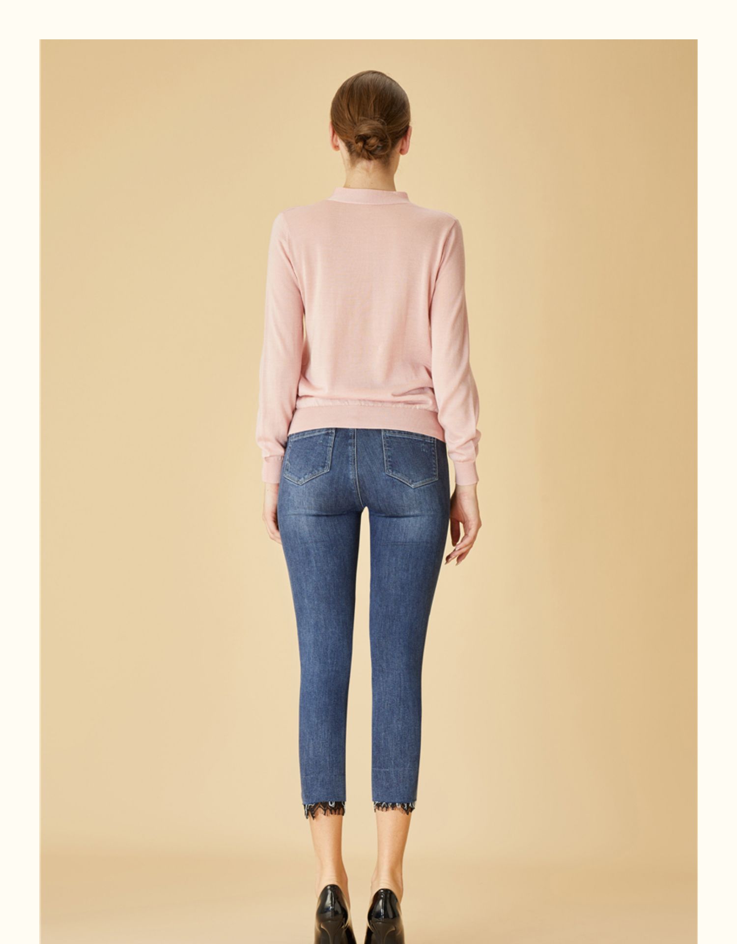 半身缘女裤 秋季黑色蕾丝花边铅笔牛仔裤203102e30106823