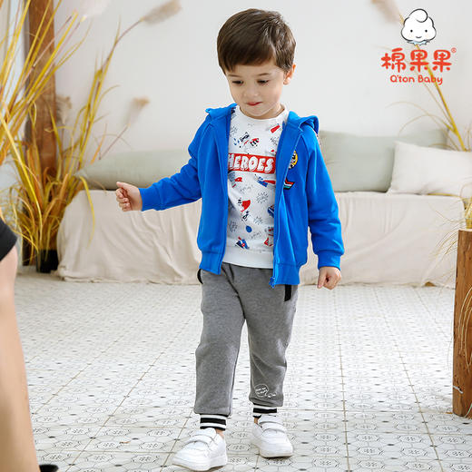 棉果果秋季男童双纱大毛圈纯棉连帽运动长袖外套M312100220466 商品图1