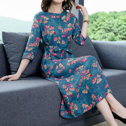 W-874新款棉麻宽松大码女装中长款收腰苎麻碎花显瘦长裙 商品图1