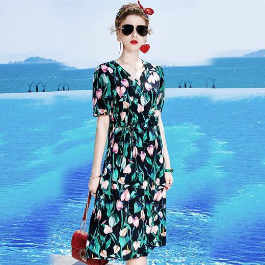 丁摩 桑蚕丝v领连衣裙女夏装气质修身收腰显瘦裙20-184DB699 商品图6