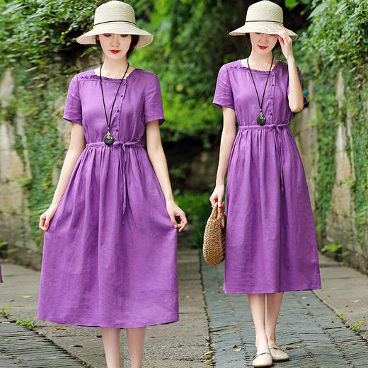 XFSS9750新款时尚优雅气质收腰显瘦香芋紫棉麻连衣裙TZF 商品图0