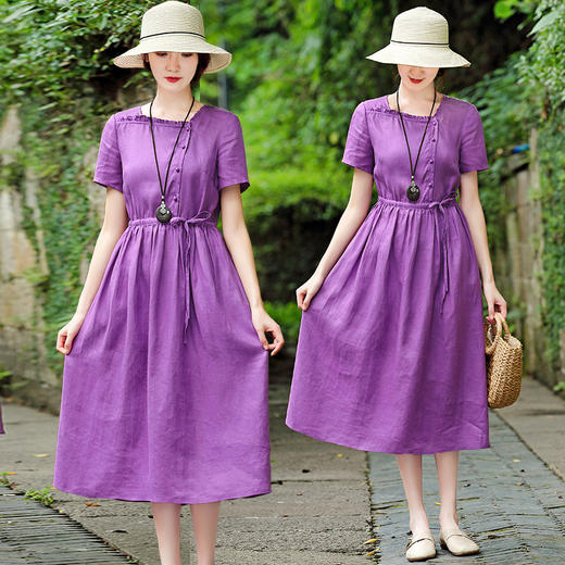 XFSS9750新款时尚优雅气质收腰显瘦香芋紫棉麻连衣裙TZF 商品图1