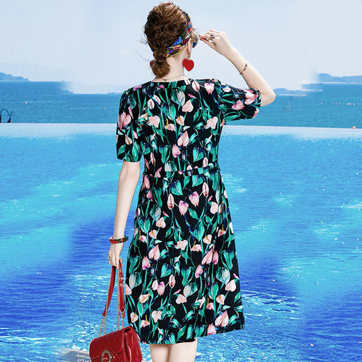 丁摩 桑蚕丝v领连衣裙女夏装气质修身收腰显瘦裙20-184DB699 商品图10