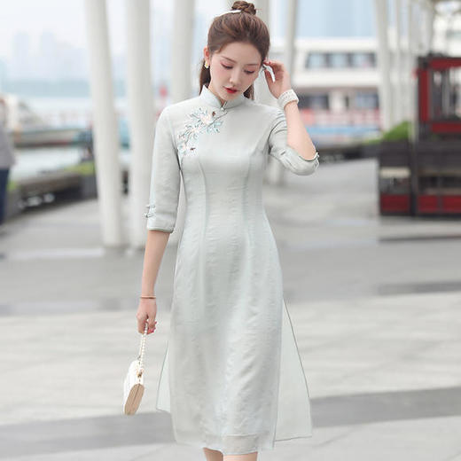玉姬2020秋季新款改良绣花中式奥黛优雅a摆中国风旗袍裙wxy2313