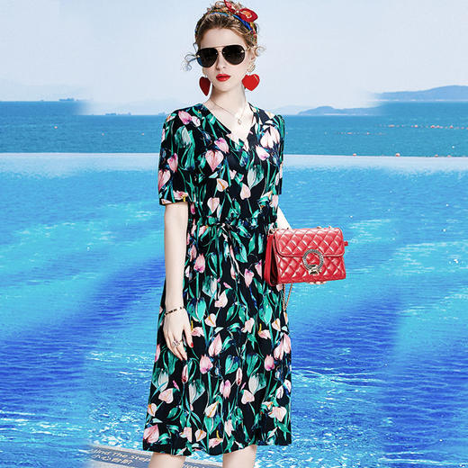 丁摩 桑蚕丝v领连衣裙女夏装气质修身收腰显瘦裙20-184DB699 商品图9