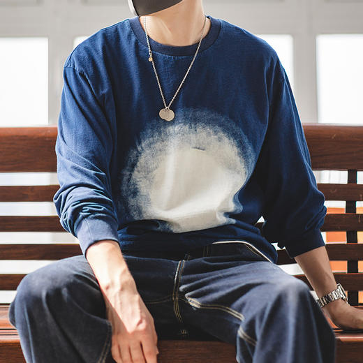 分销美式复古vintage靛蓝星云长Tee阿美咔叽夏季渐变长袖男 商品图1