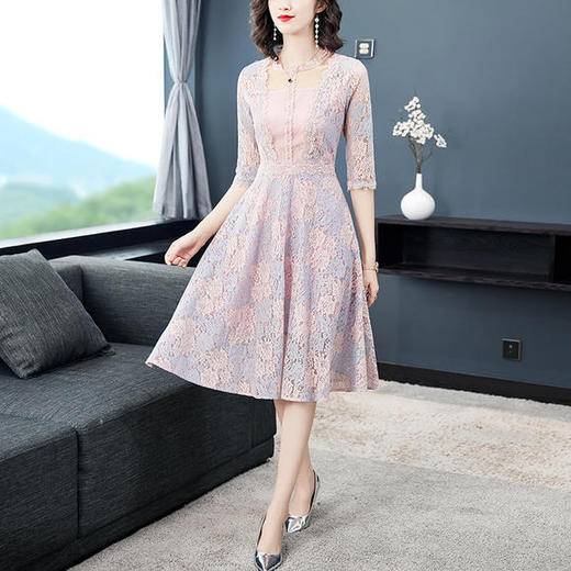 ht6645新款优雅气质修身显瘦五分袖蕾丝连衣裙