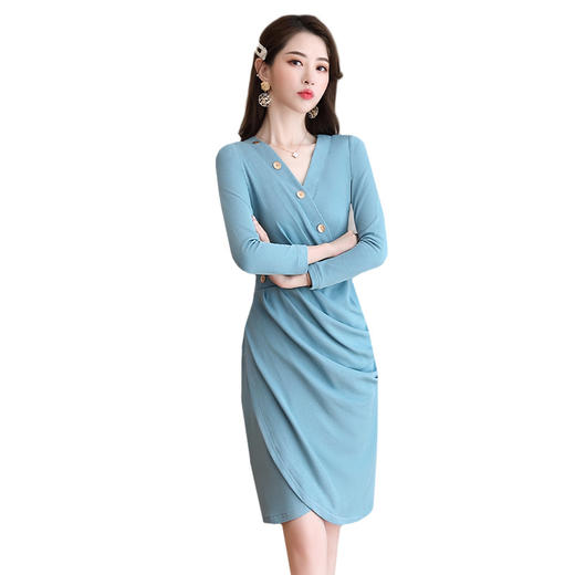 HRFS-WY60459新款潮流时尚优雅气质修身显瘦V领长袖连衣裙TZF 商品图4