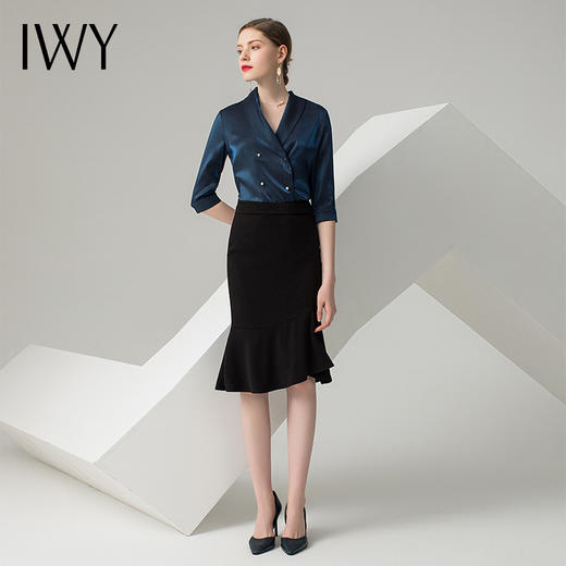 IWY/蓝色五分袖衬衫黑色半裙套装AB0288+AS0185 商品图0