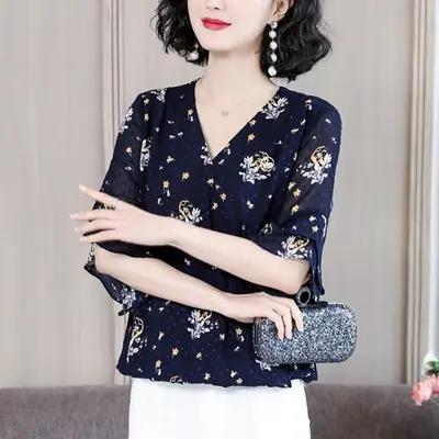 MZZ4143 喇叭袖女夏装短袖2020新款V领洋气妈妈小衫遮肚子上衣 商品图2