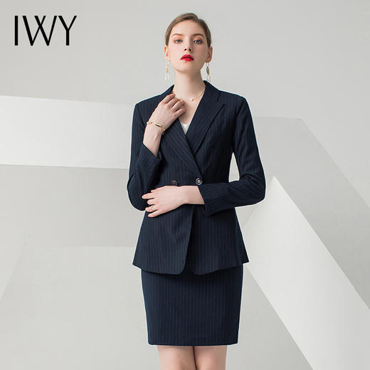 IWY/藏青色条纹长袖西装半裙套装CS10345 商品图1