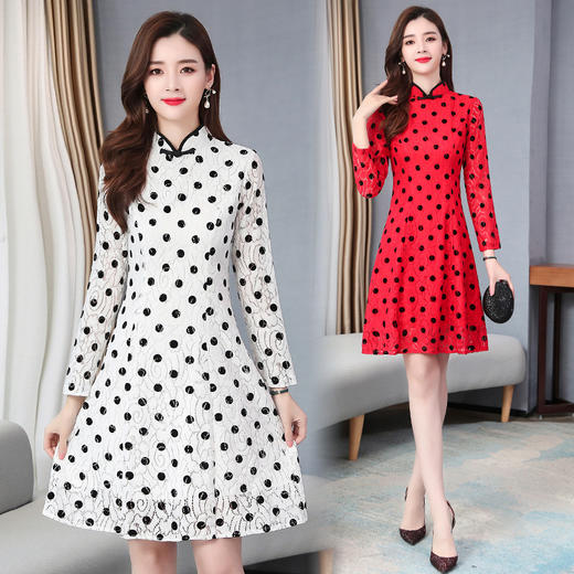 AHM-zm9179韩版少女蕾丝波点改良版旗袍甜美修身长袖连衣裙ZXH 商品图3