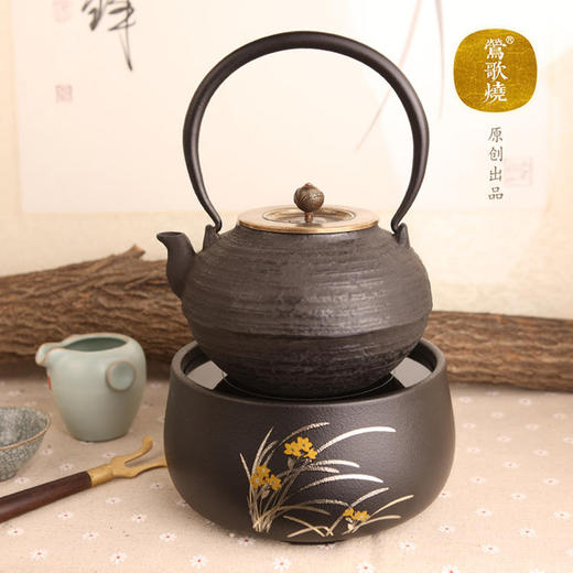 【样品清仓4折，仅1件，无货退款】莺歌烧黑底描金银兰花静音电陶炉家用红外小型迷你烧水煮茶器（无货退款） 商品图2