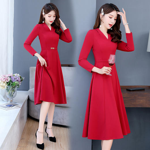 HR-WX20329时尚百搭气质通勤优雅V领长袖气质中长款修身显瘦连衣裙 商品图0