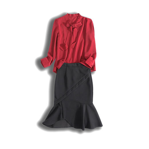 HRFS-WHA608619新款时尚优雅气质衬衫不规则拼接鱼尾裙两件套TZF 商品图4