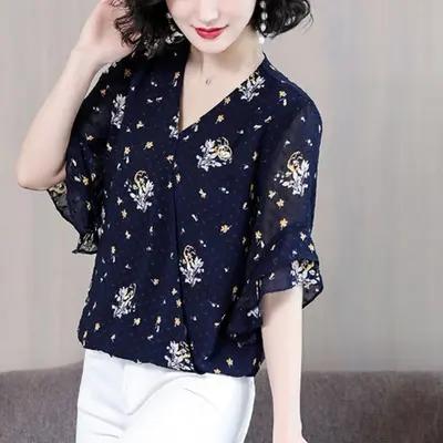 MZZ4143 喇叭袖女夏装短袖2020新款V领洋气妈妈小衫遮肚子上衣 商品图1