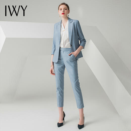 IWY/蓝色格纹七分袖春季女士正装时尚气质商务显瘦职业西装套装CPS10340 商品图2