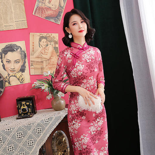 za新款优雅气质立领七分袖提花开叉旗袍