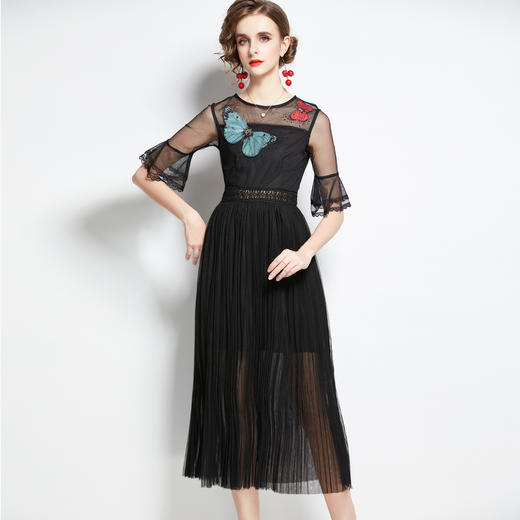 AHM-hjw9798新款气质网纱拼接高腰修身时尚蝴蝶绣花喇叭袖百褶裙ZXH 商品图1